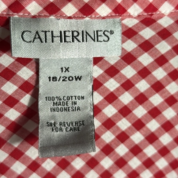 Catherines blouse top 1X plus size Red‎ White 3/4 Sleeve Button Down Shirt 16 18 - Picture 2 of 13